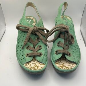 Fly London 36 Yiva Green Wedge Sandals